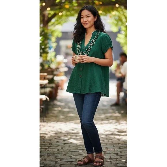 NWT Anthropologie Y2k BOHO VIBE  Odille Green Ruffle Puff Sleeve Rayon Blouse  S - Picture 2 of 6